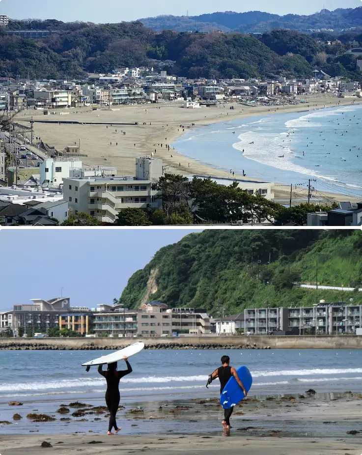 Panoramic views of Yigahama Beach on top, surfers at the beach on the bottom in Kamakura