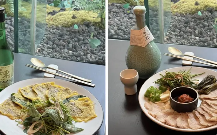 Hanwoo yukjeon and pork suyuk paired with traditional Korean liquor