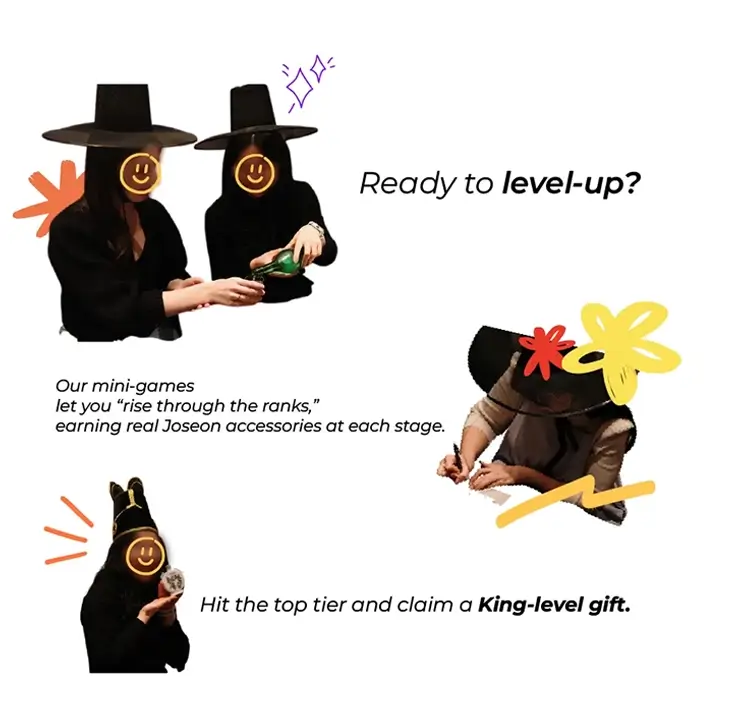 Visitors enjoying a Joseon-era inspired drinking game, rising through the ranks and earning traditional accessories at each stage