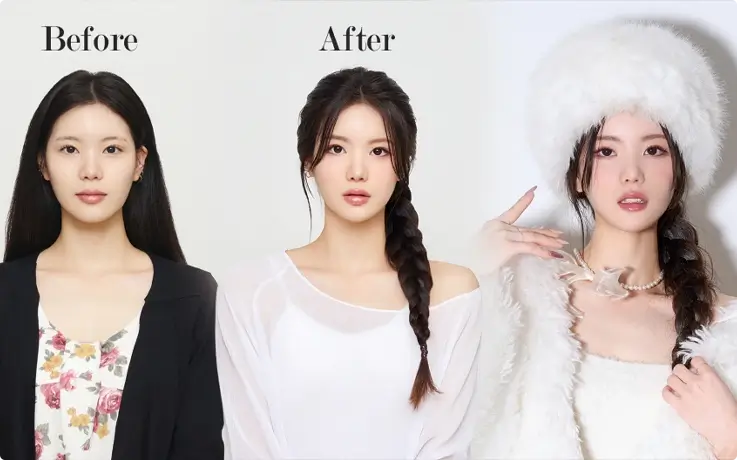 Before and after of hair and makeup at Eyesu Studio in Seongsu