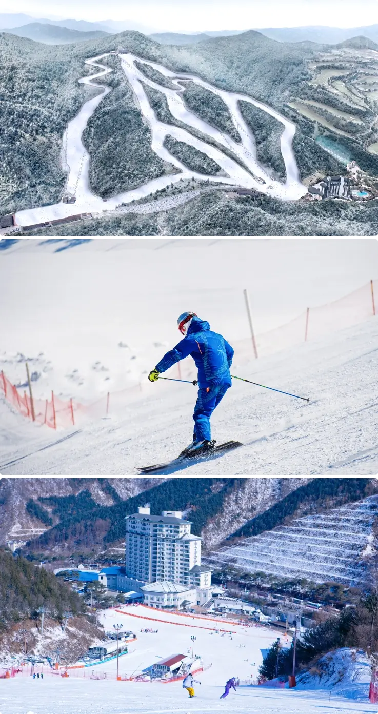 Slopes at Elysian Gangchon Ski Resort at the top, a visitor skiing in the middle, and visitors snowboarding at the bottom