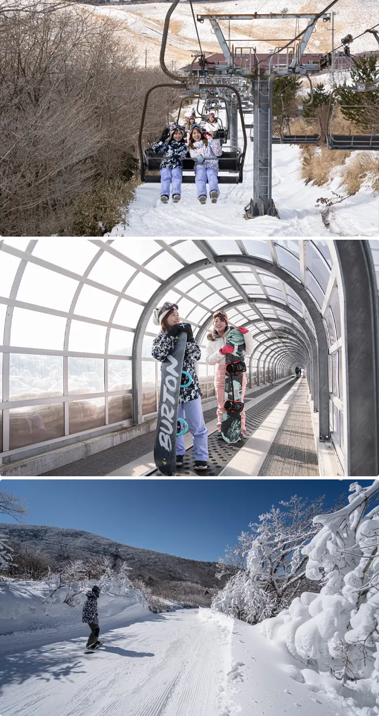 Visitors skiing and riding the ski lift at Kuju Forest Skiing Ground