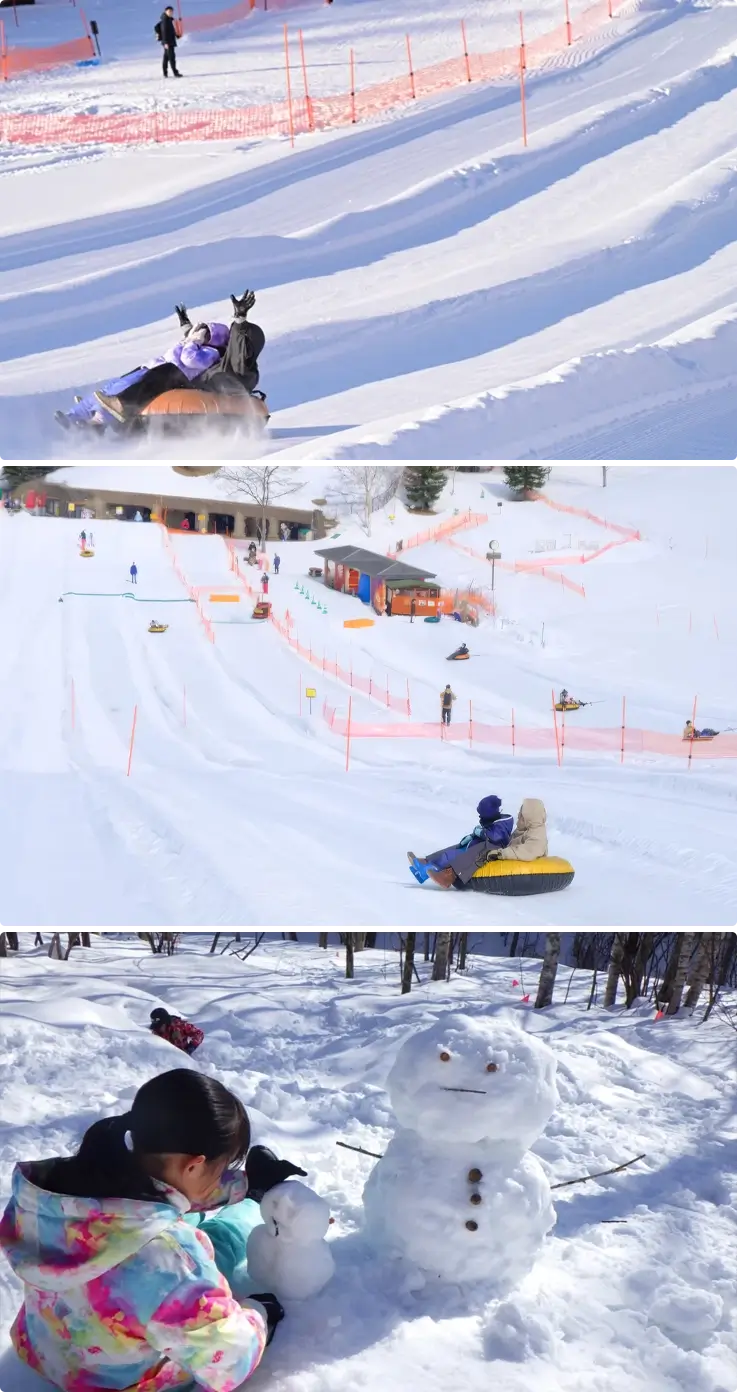 Visitors snow sledding at Takino Snow World