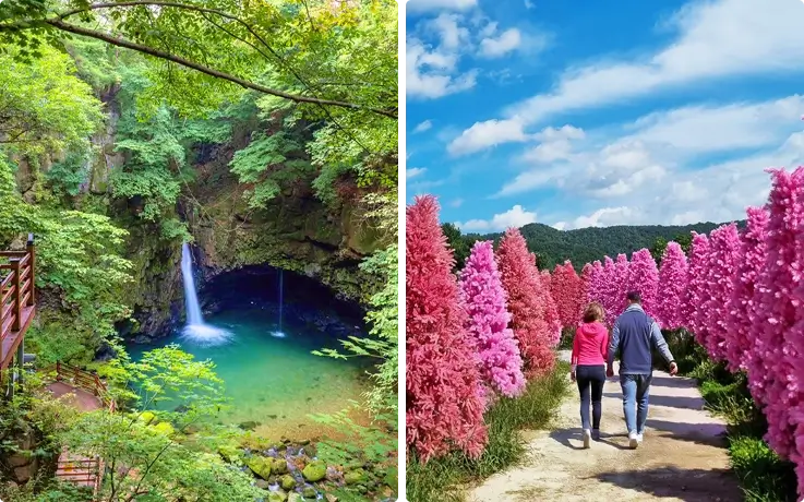 Bidulginang cascade on the left, Herb Island in spring on the right