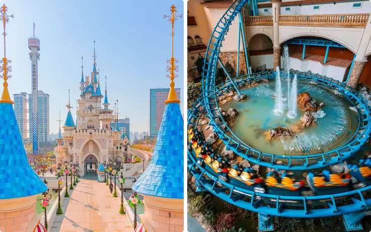 Front view of Lotte World Magic Castle on the left and an indoor ride on the right at Lotte World