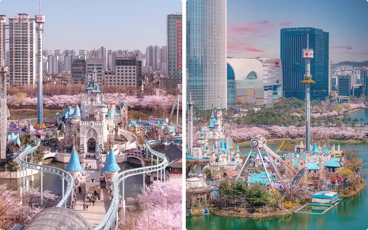 Lotte World Adventure surrounded by cherry blossoms in spring