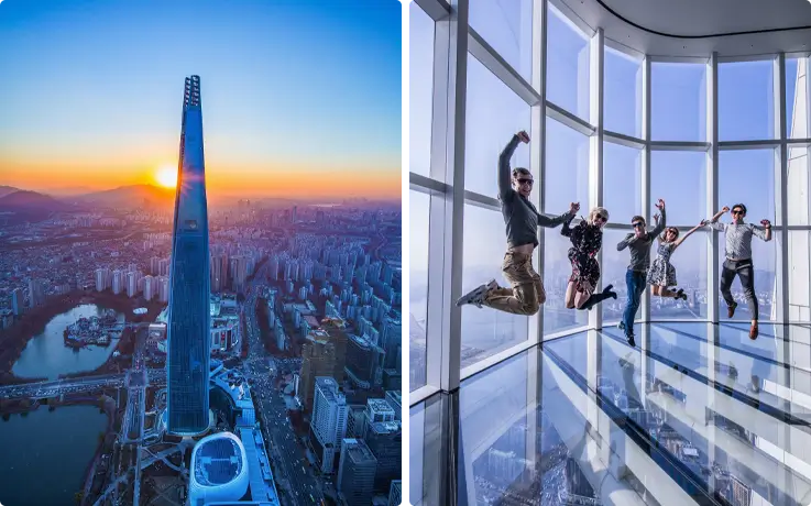 Full view of Lotte World Tower Seoul Sky in the evening on the left, with visitors taking a group photo at the Sky Deck on the right