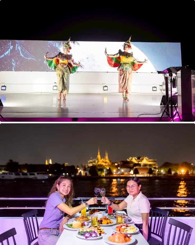 Thai dance show on the top, visitors enjoying dinner at The Luxury White Dinner Cruise in Bangkok on the bottom