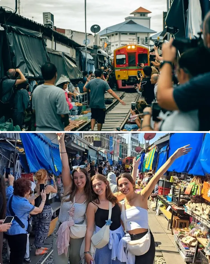 Bustling markets at Maeklong Railway Market on top, visitors taking photos at the railway tracks on the bottom