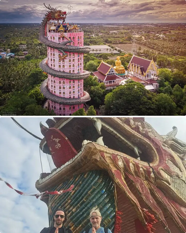Dragon Temple on top, visitors taking photos with the Dragon statue on the bottom