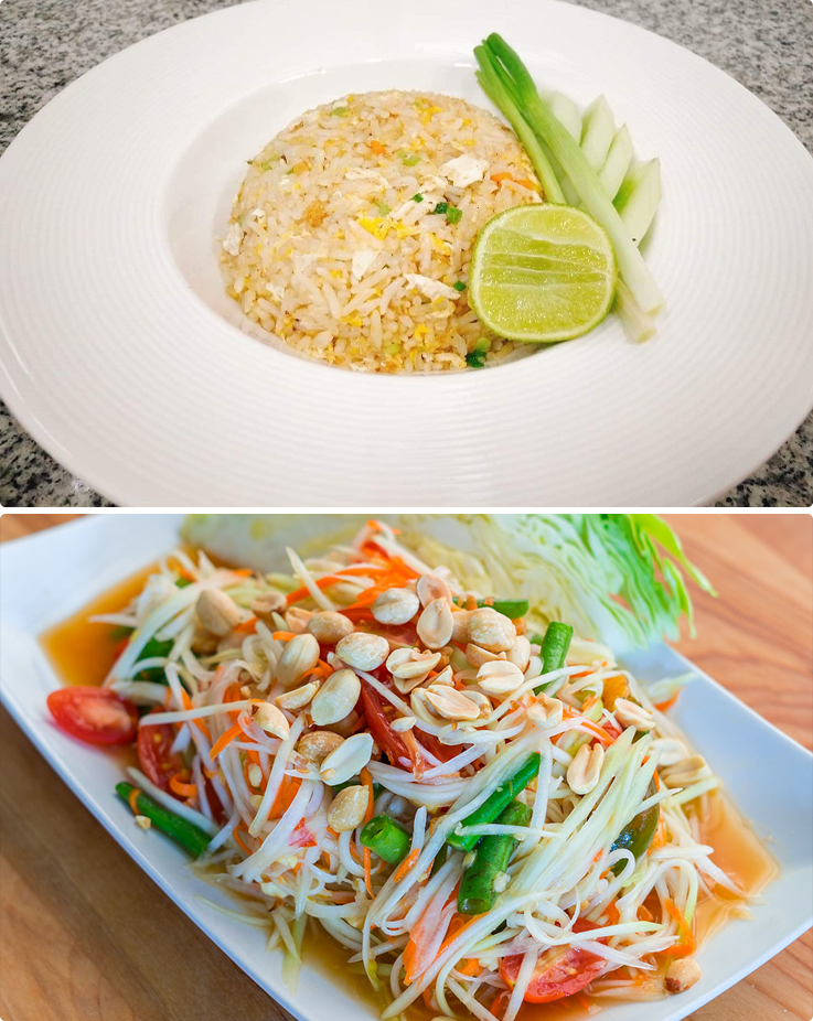 Chicken Fried rice and Som tum prepared during a class at Maliwan Thai Cooking Class in Bangkok