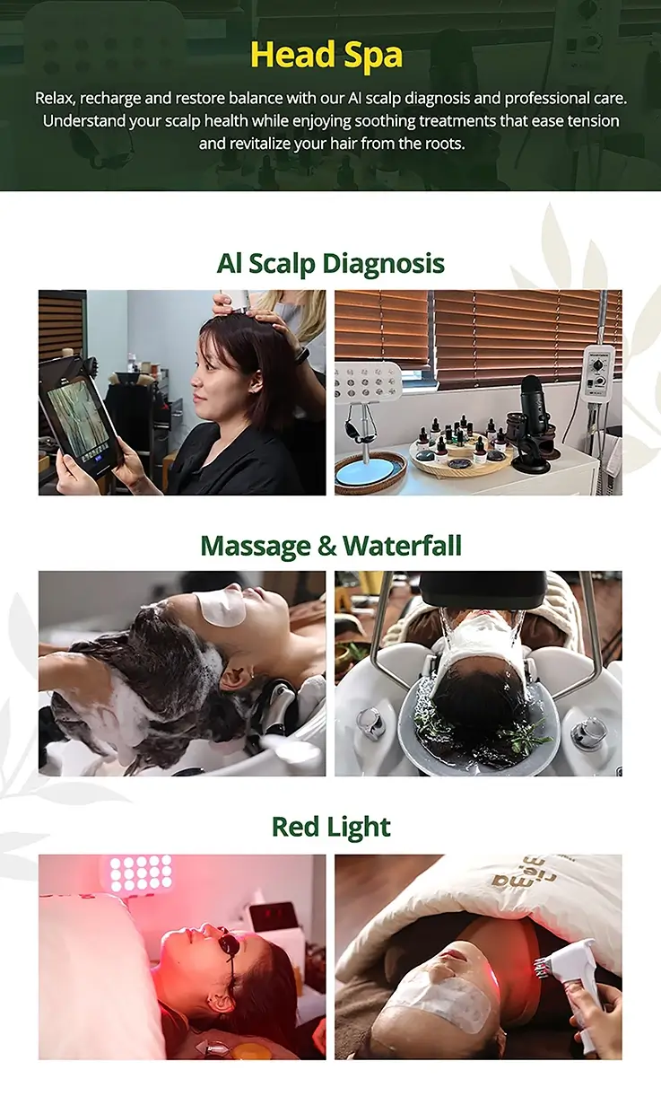 Head spa procedures at Mariem Hair Salon: AI scalp diagnosis, massage and waterfall, and red light