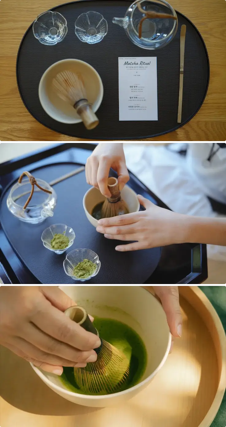 Tools for matcha experience on top, visitor whisking matcha during the experience on the bottom