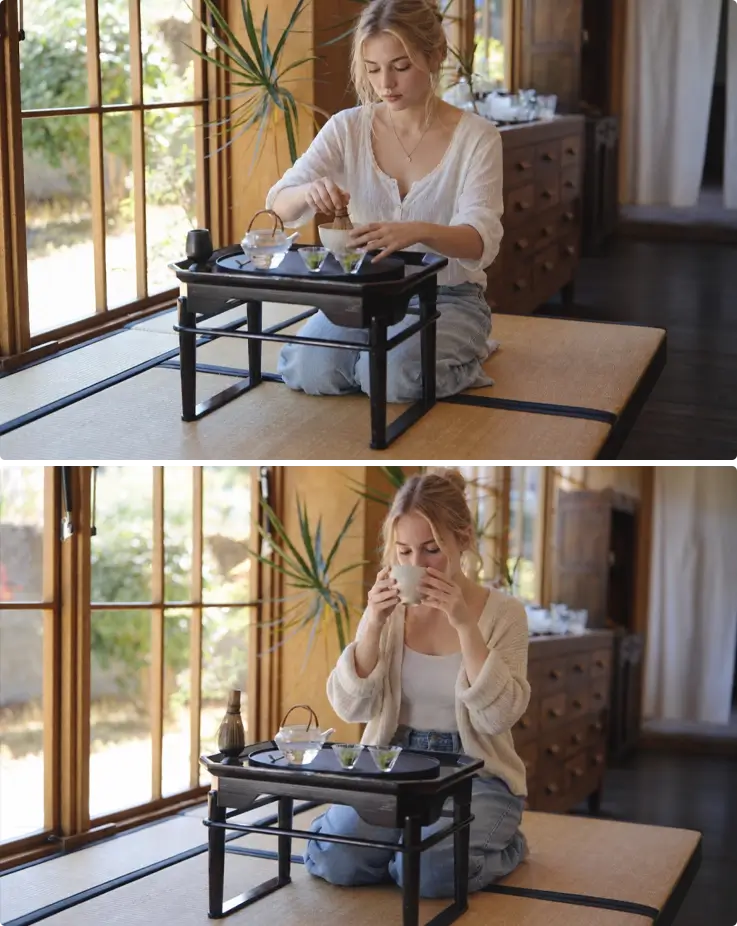 Visitor enjoying matcha at a tea class