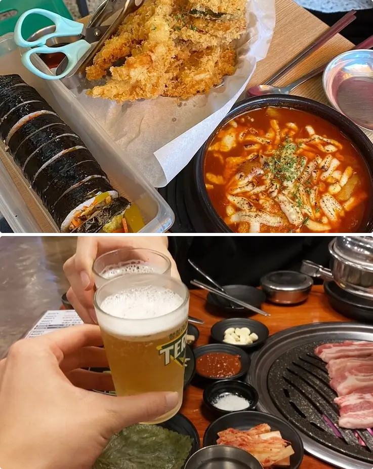 Ttoekbokki on top and samgyeopsal on the bottom