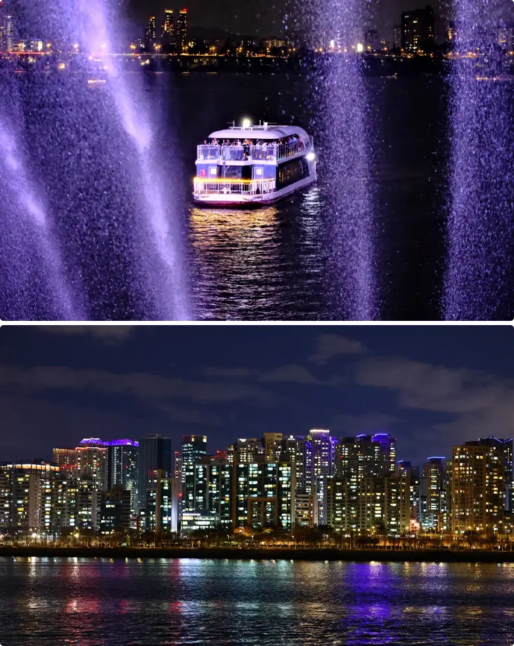 Night views of Seoul along the Hangang River from the E-land Ferry Moonlight Dinner Cruise in Yeouido