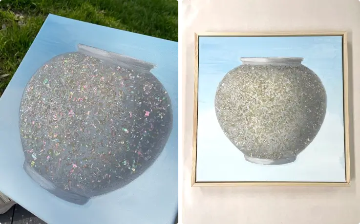 Moon jar art work decorated with mother-of-pearl at Najeon Atelier.