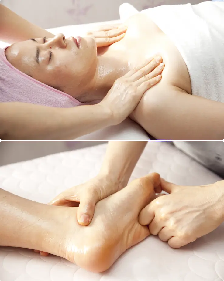 Customer receiving full body lymphatic care at a rooftop spa in Myeongdong