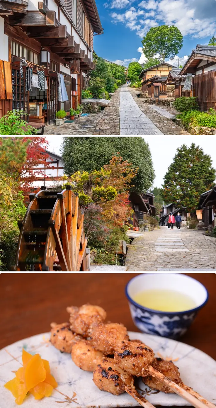 Preserved town in Magome-juku on top and middle, a snack on the bottom