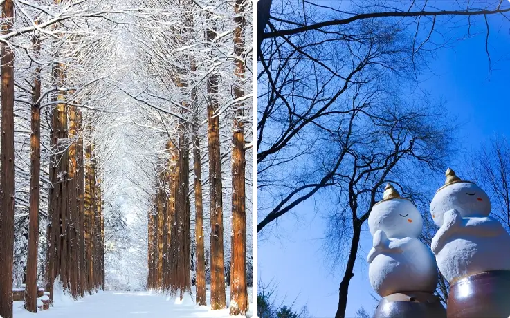 Tall snow-covered trees on the left and two snowmen on the right in Nami Island
