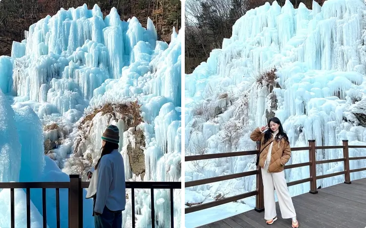 Visitor taking a photo on the bridge at Eobi Ice Valley