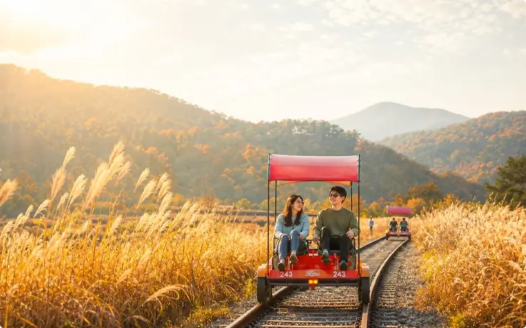 Visitors riding the Gangchon Rail Bike in fall