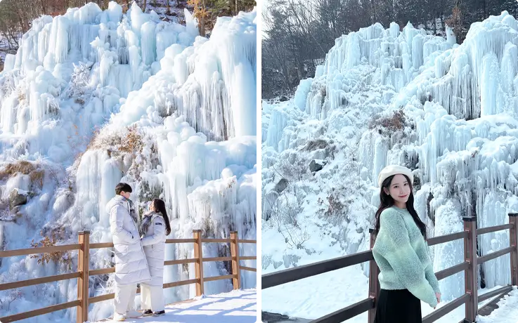 Visitors taking photos in front of the ice formations in Eobi Ice Valley
