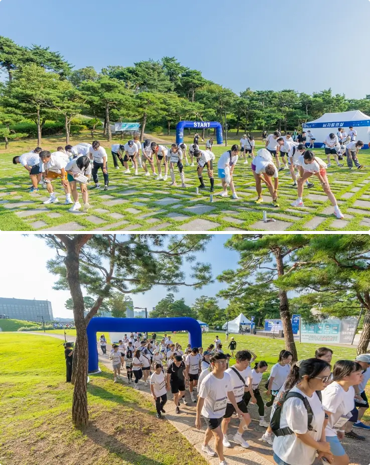 Participants warming up on top, staring the walk on the bottom at N Seoul Tower Global Night Walk