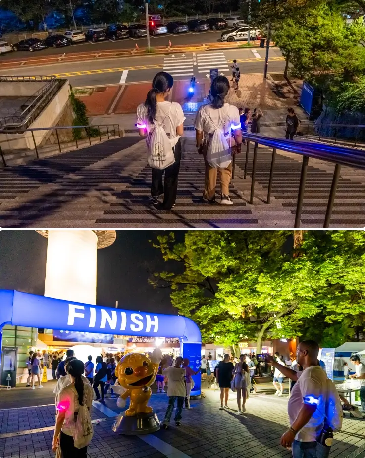 Participants at the Samsunyi Stairs on top, participant taking photos at the finish line on the bottom at N Seoul Tower Global Night Walk