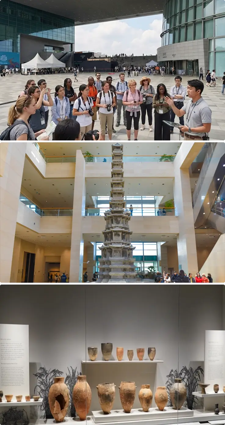 Visitors visiting the National Museum of Korea on top, exhibitions on the bottom