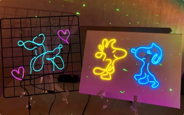 Characters made with neon lights at a neon sign making class in Hongdae