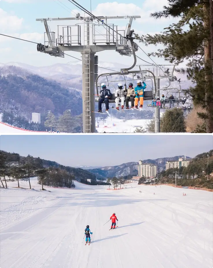 Visitors riding a ski lift at the top, with skiers descending the slopes below