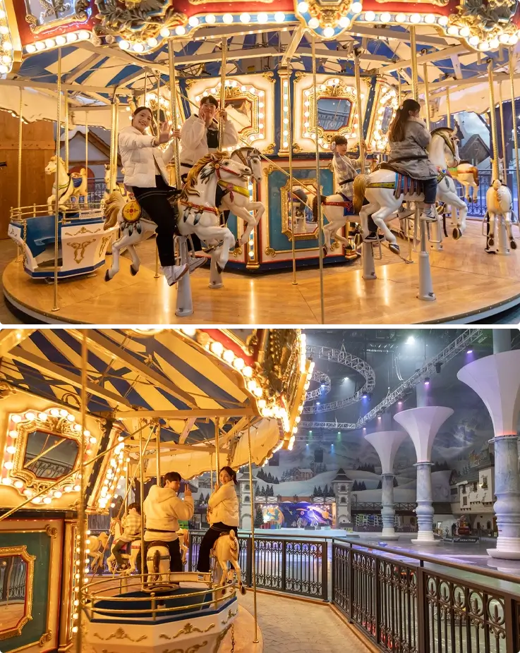 Visitors on a merry-go-round at Onemount Snow Park in Goyang