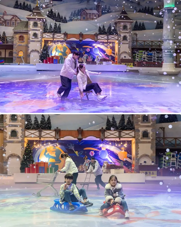 Visitors sledding on Ice Lake at Onemount Snow Park
