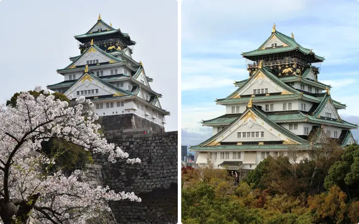 Close up view of Osaka Castle in spring and summer