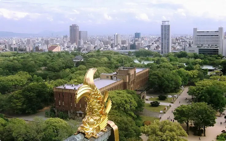 Osaka city skyline view from the Main Tower of Osaka Castle