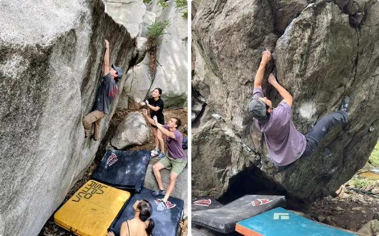 Visitors climbing a boulder in Anyang