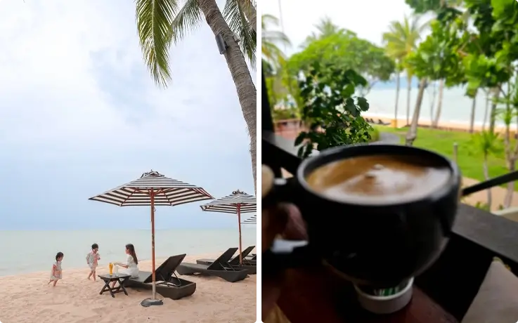 Visitors enjoying Pattaya Beach on the left and coffee on the right at Horizon Seaview Restaurant