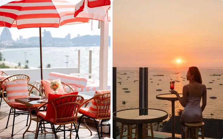 Seating at Virgin Rooftop Pattaya on the left and a visitor enjoying a drink with sunset views on the right