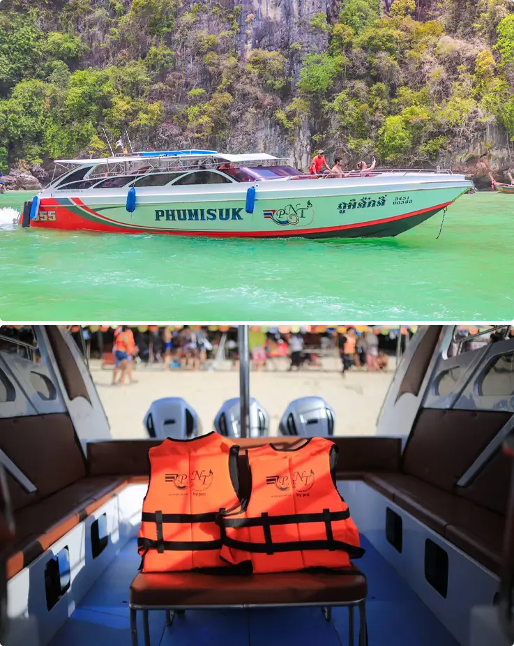 Speedboat on top and life vests inside the speedboat on the bottom
