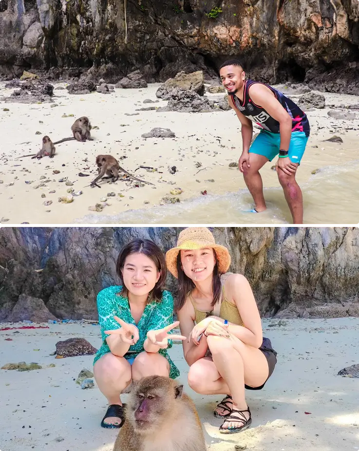 Visitors taking photos with monkeys at Monkey Beach