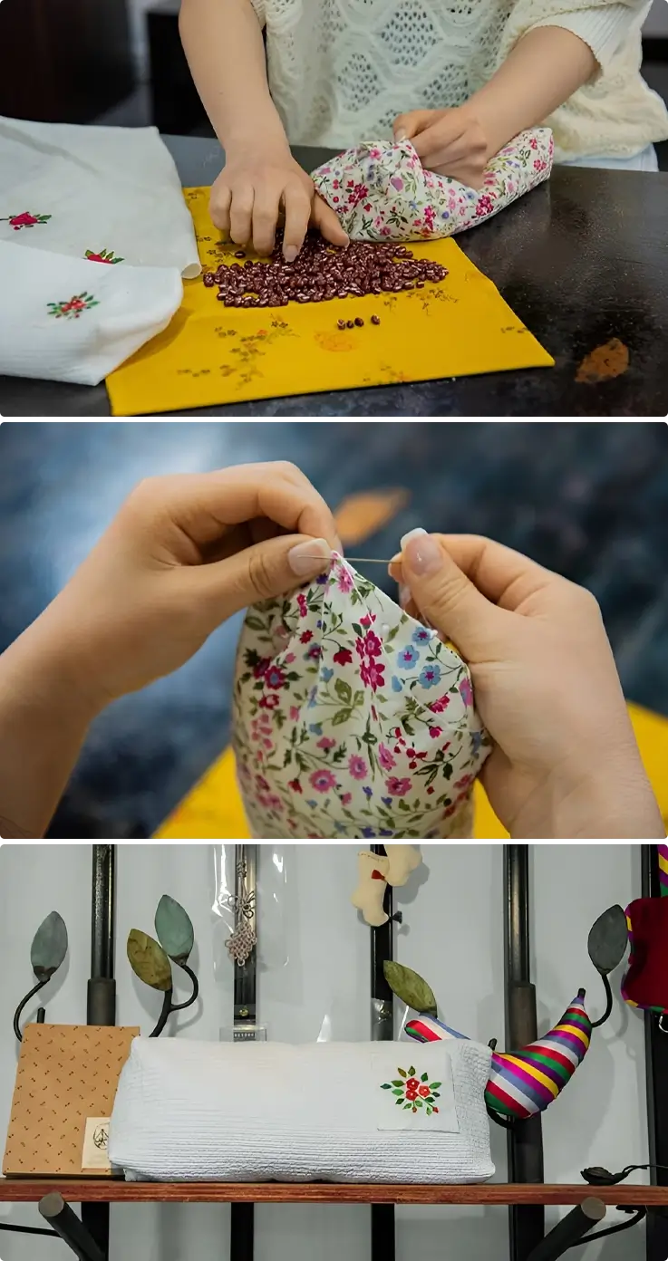 Visitor making Korean style red bean stuffed health pillow in Daegu