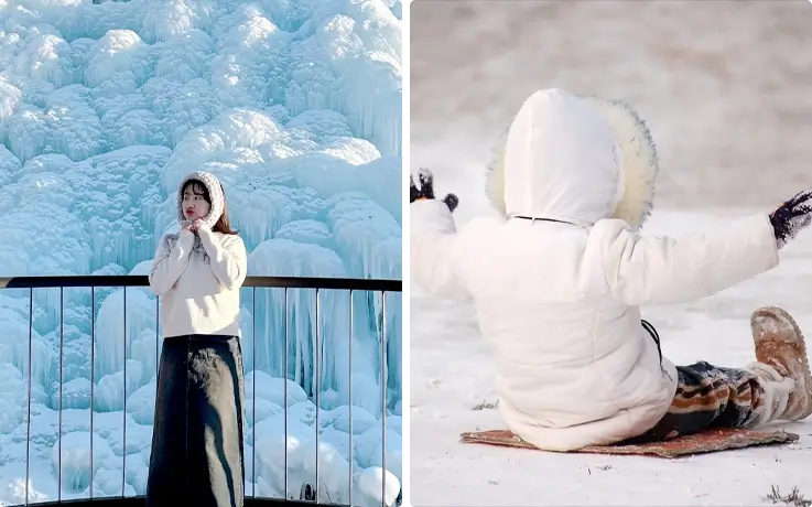 Visitors taking photos at the Ice Wall on the left and sledding at Chorigol Cafe in Paju during winter