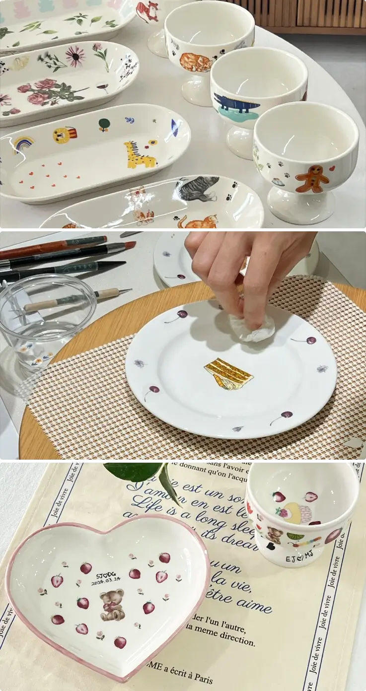Decal art at a pottery class in Yangsan
