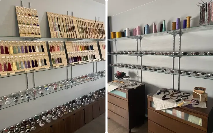 Tools and materials for a prayer bead bracelet displayed at the workshop.