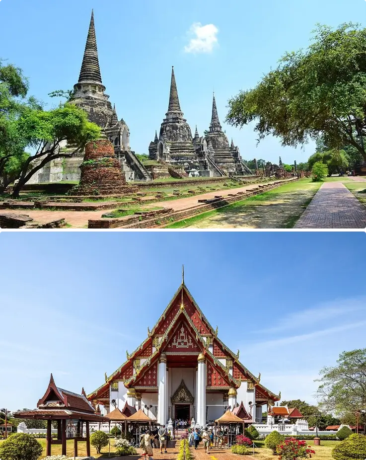 Wat Phra Si Sanphet on top, Wat Phra Mongkol Bopit on the bottom in Ayutthaya