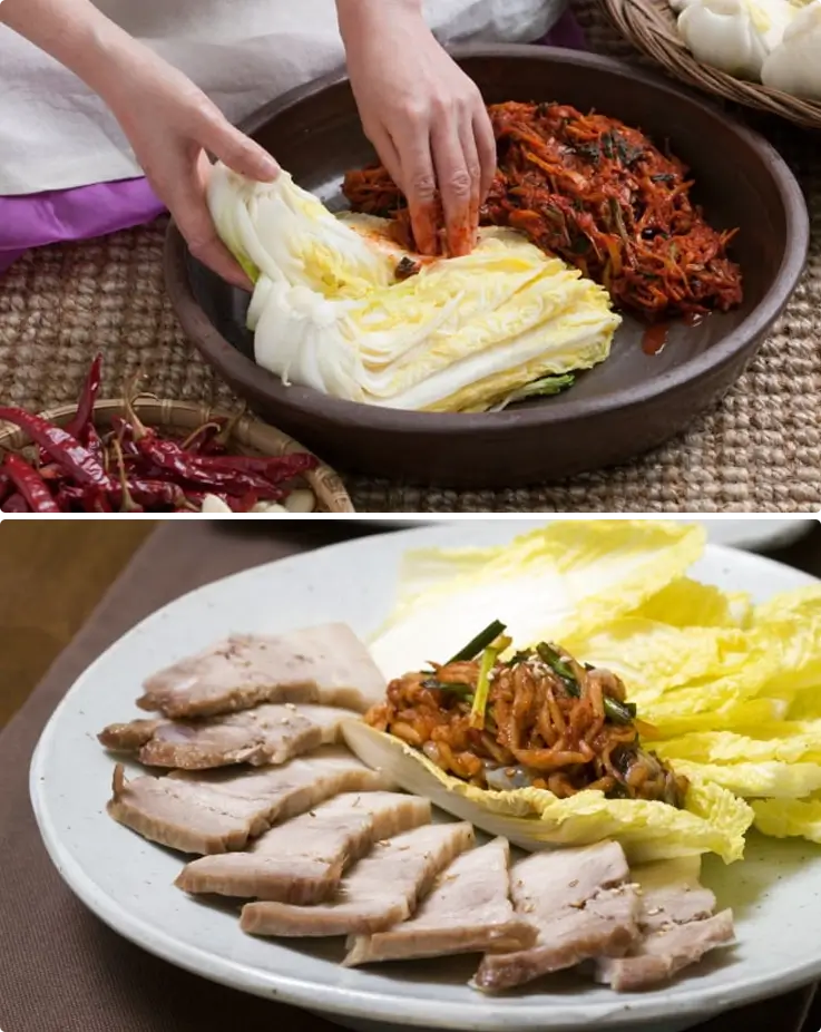 Kimchi making on the top, with kimchi plated alongside pork belly on the bottom at a private cooking class in Busan