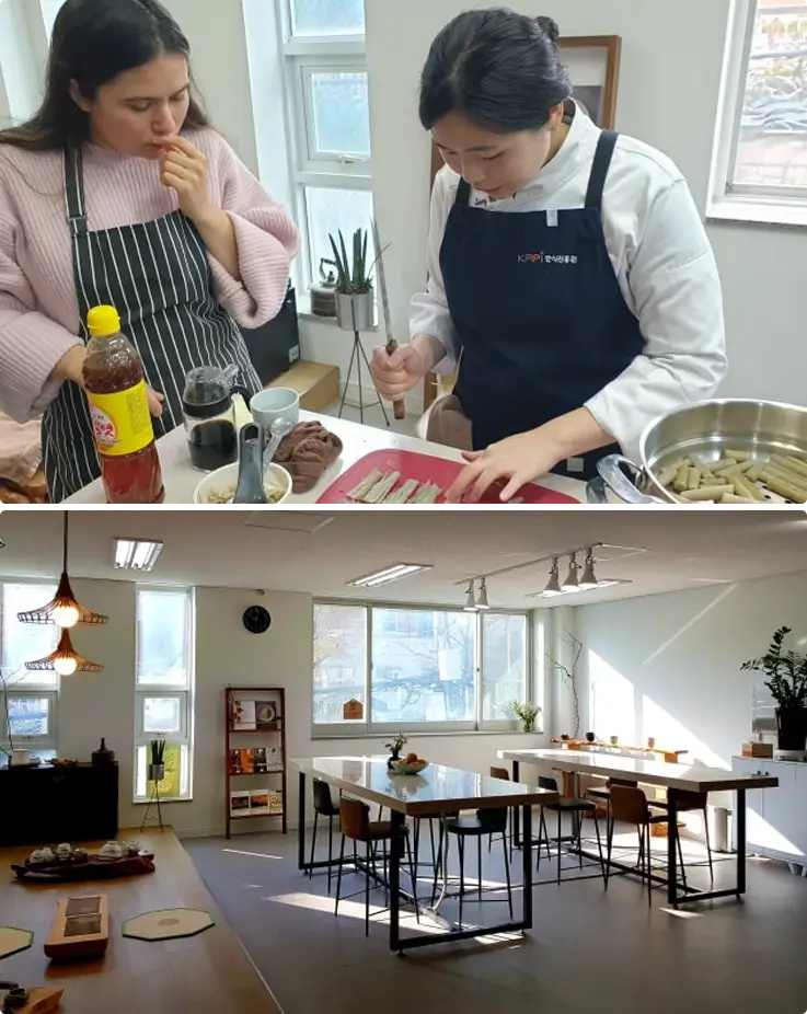 Chef demonstrating how to cook on the top, with the interior of the private cooking class in Busan on the bottom