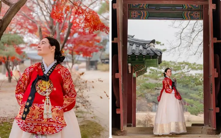 Visitors posing for a professional photoshoot at Gyeongbokgung Palace