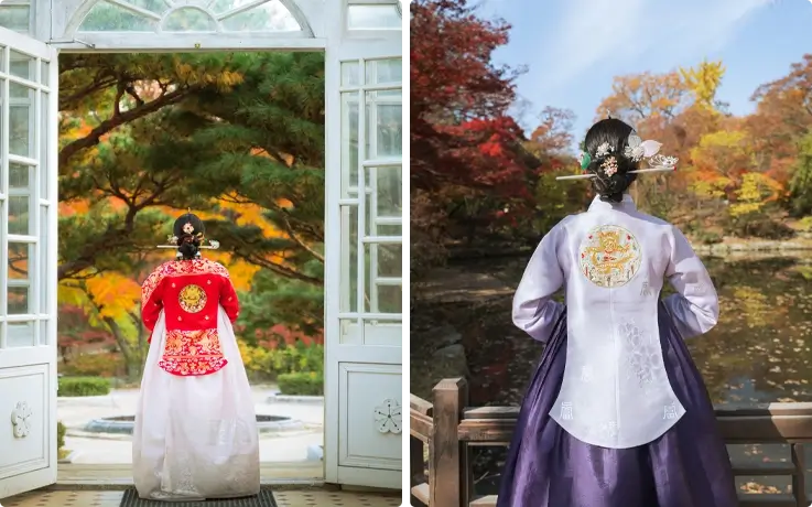 Visitors posing for a professional photoshoot at Changgyeonggung Palace